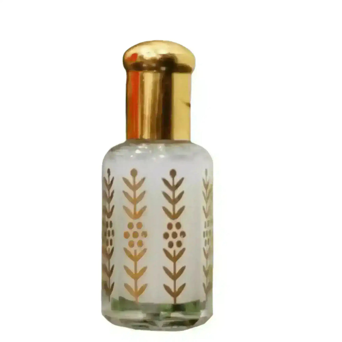 Clear glass bottle of pure Saudi thick perfume oil with gold floral design and cap
