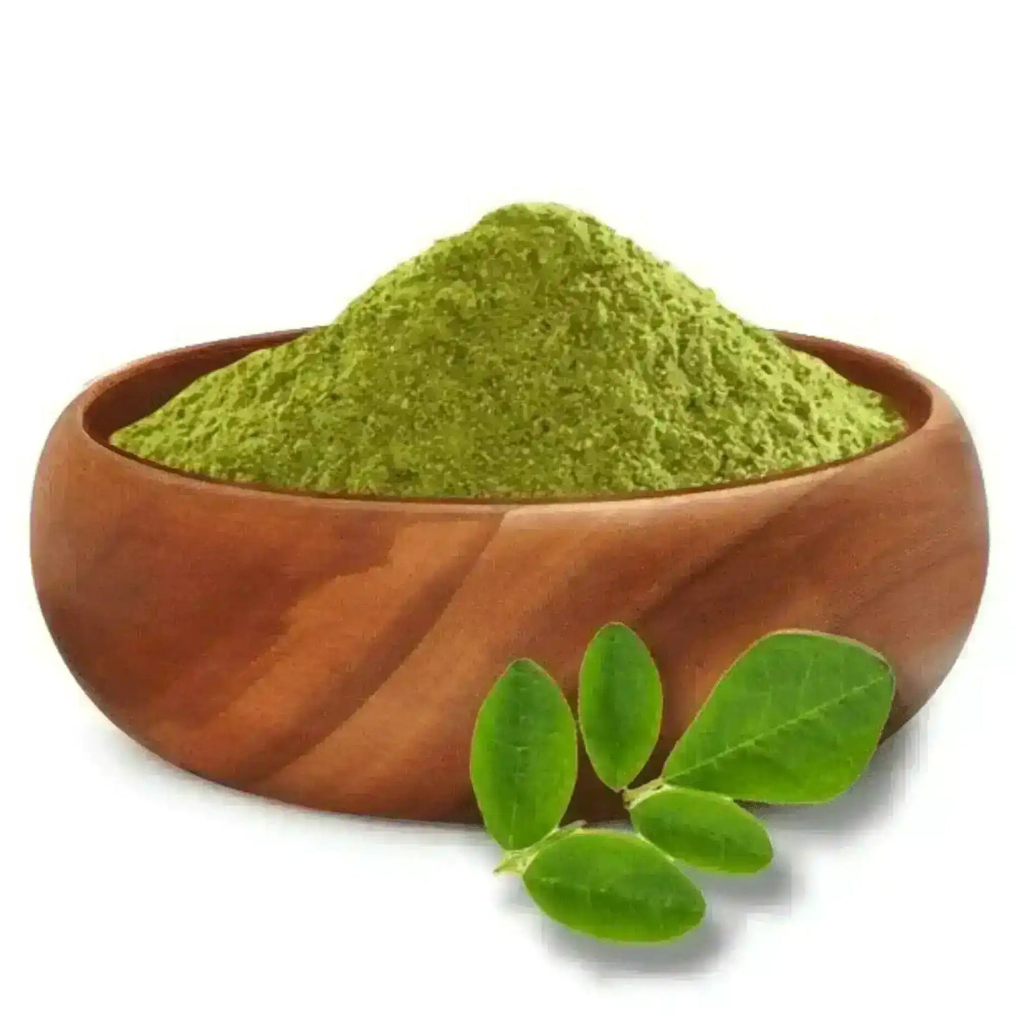 Natural moringa powder in wooden bowl with fresh moringa leaves, Middle Eastern superfood