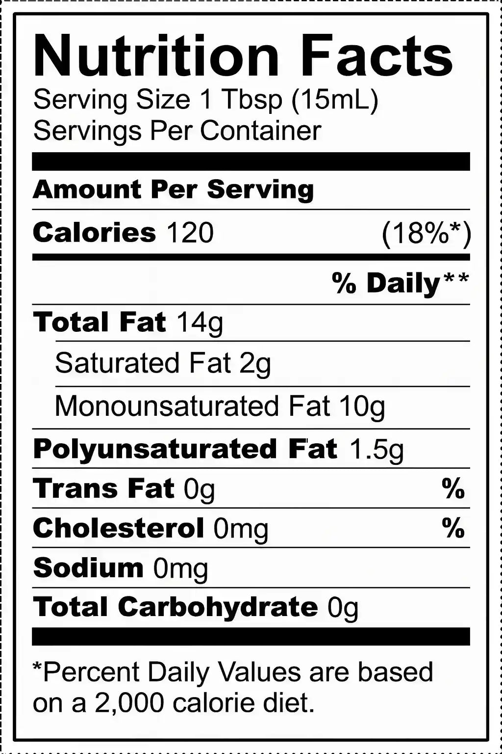 Olive oil nutrition facts label showing calories, fat content, and serving size details.