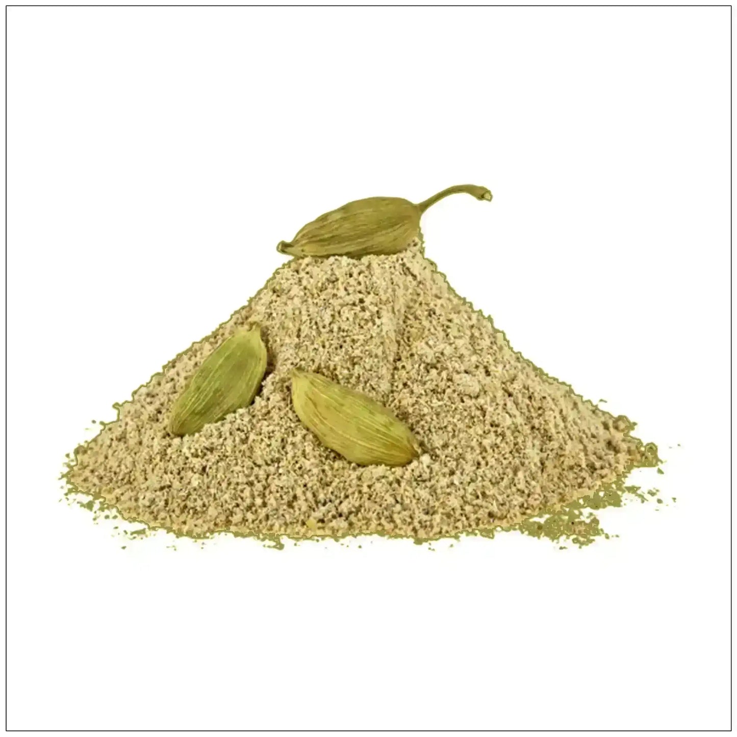 Pile of organic cardamom powder with whole cardamom pods on white background