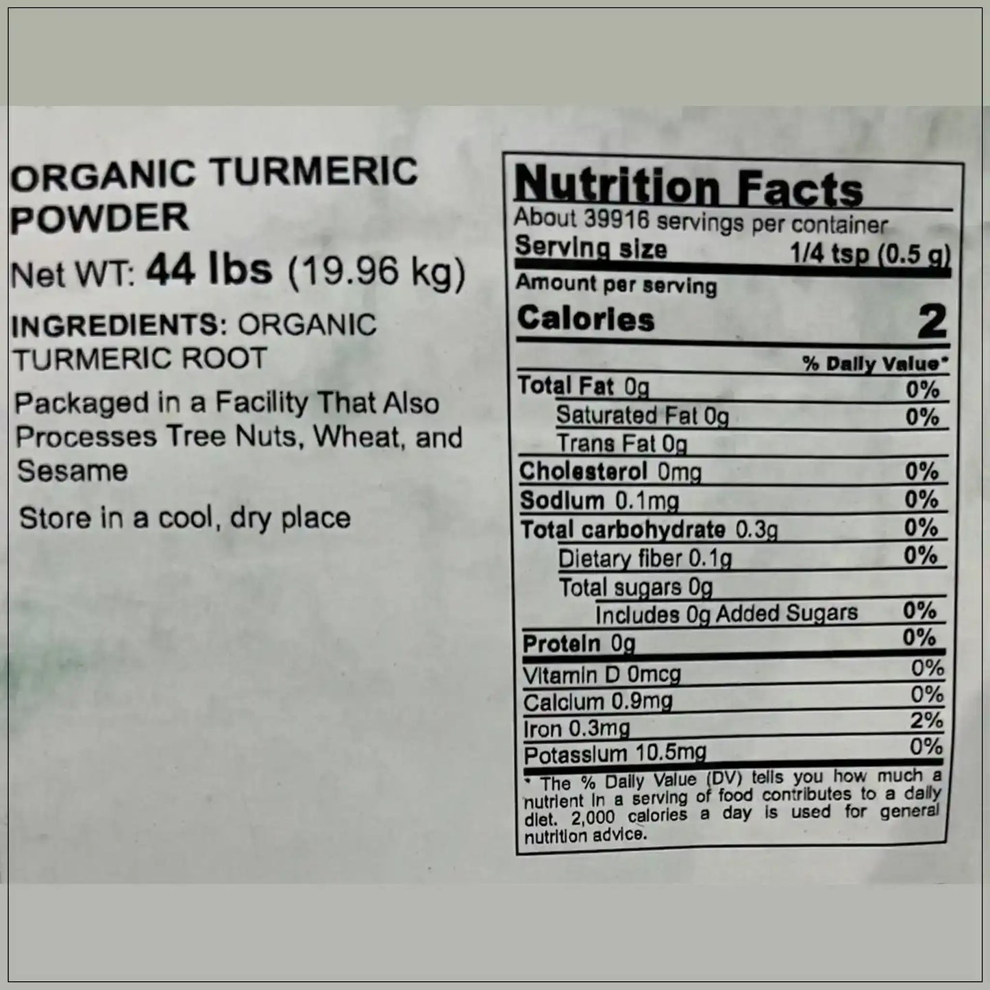 Label of organic turmeric powder 44 lbs with nutrition facts and ingredients list visible