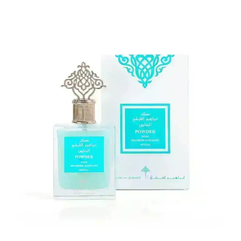 Powder musk perfume in ornate glass bottle with decorative silver cap and matching box