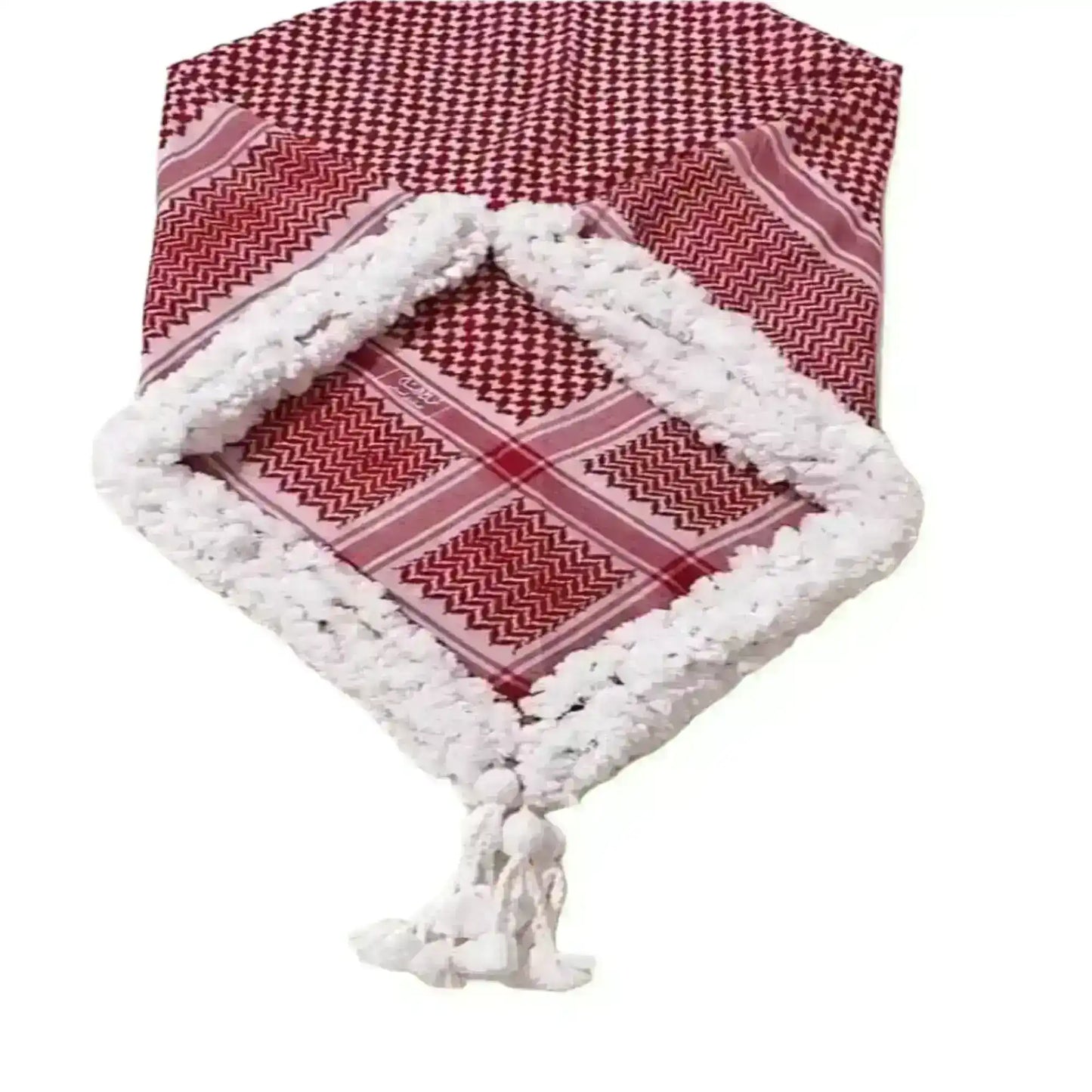 Red and white Jordanian shemagh scarf with decorative white fringe and tassels