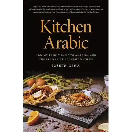 Kitchen Arabic cookbook with Middle Eastern spices and dishes on rustic table