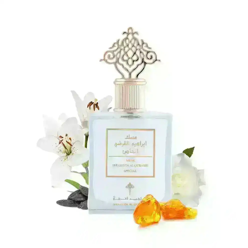 Middle Eastern musk perfume bottle with ornate cap, surrounded by white flowers and amber.