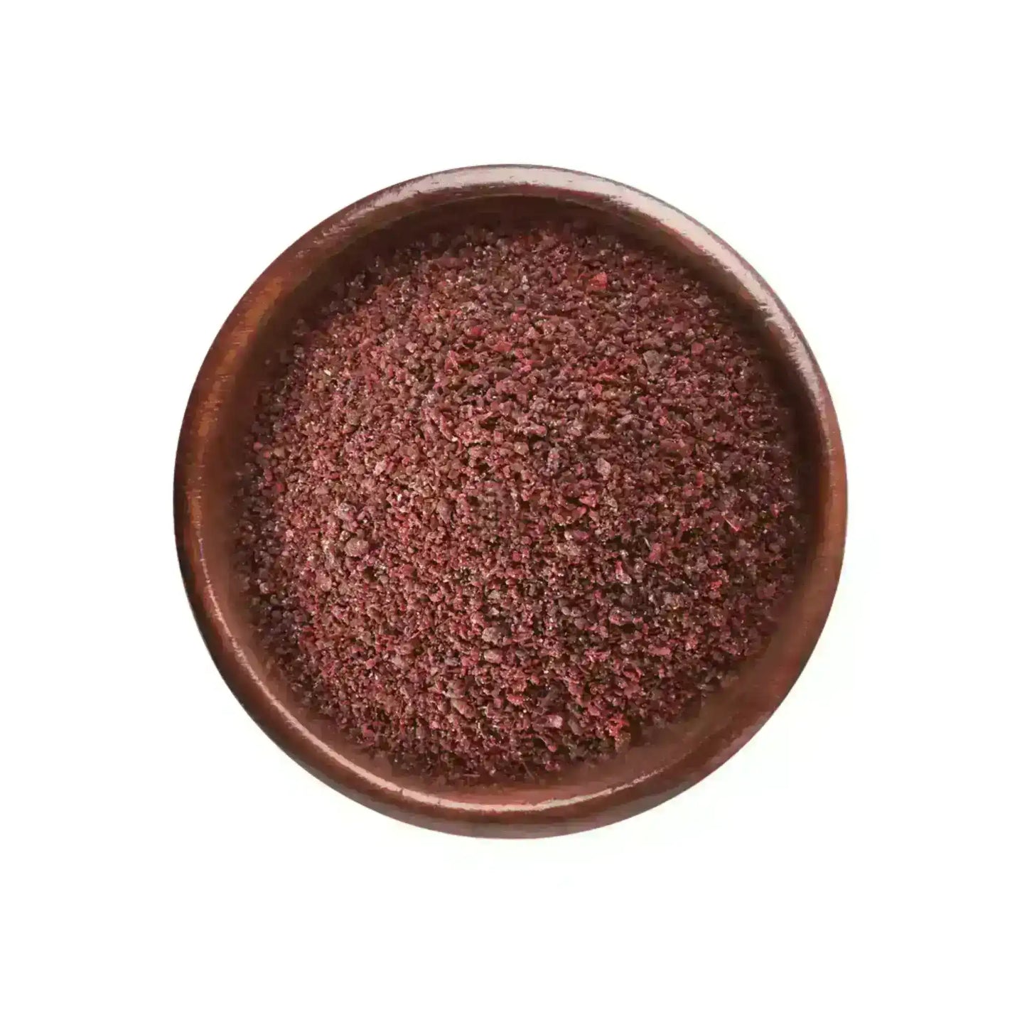 Ground sumac spice in a wooden bowl on white background, Middle Eastern seasoning