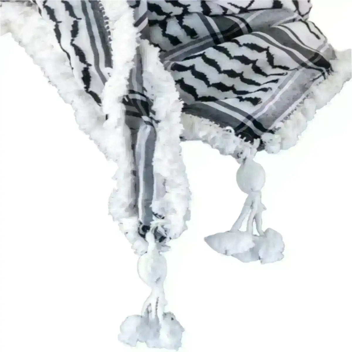White Jordanian shemagh scarf with black patterns and fringed edges