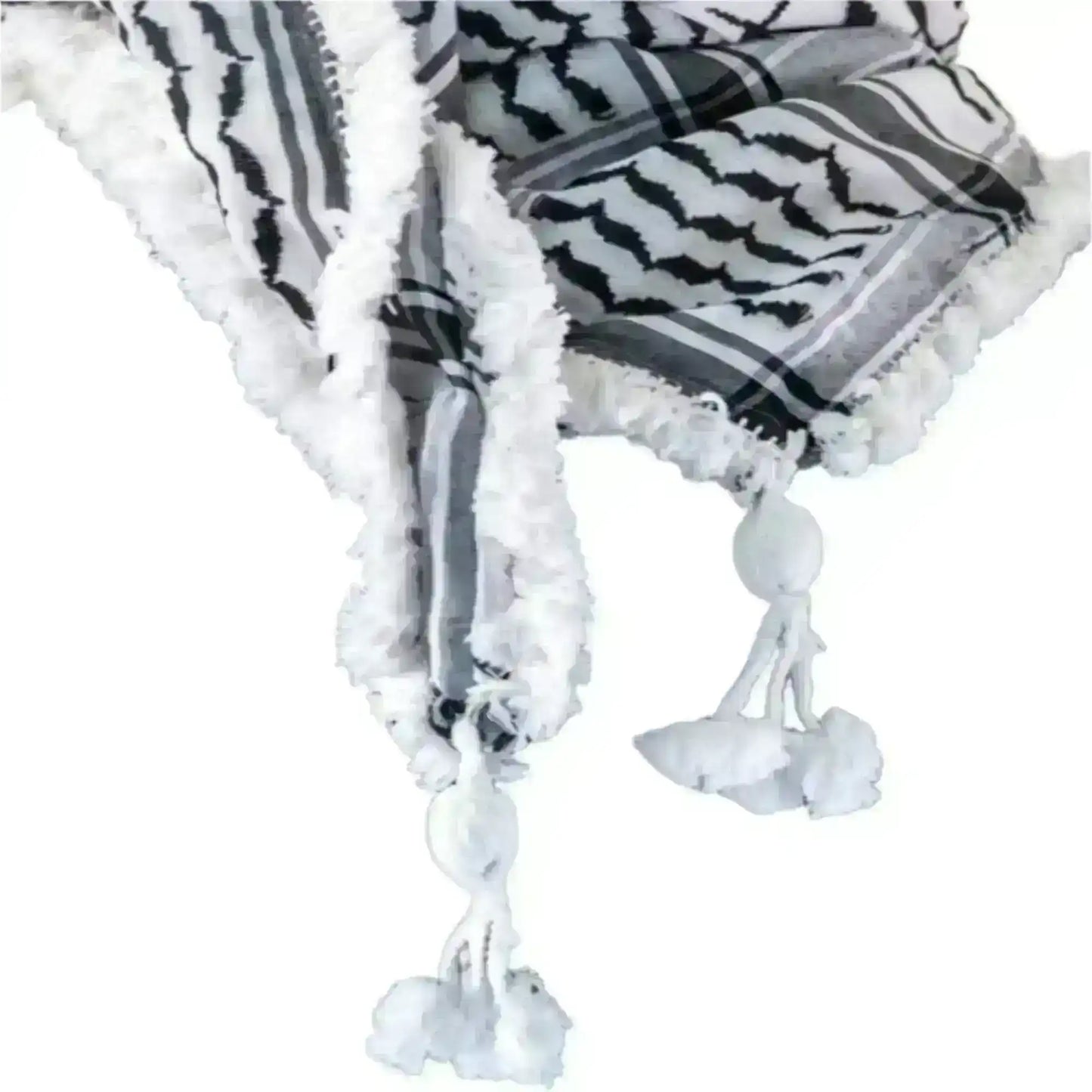 White Jordanian shemagh scarf with black patterns and fringed edges