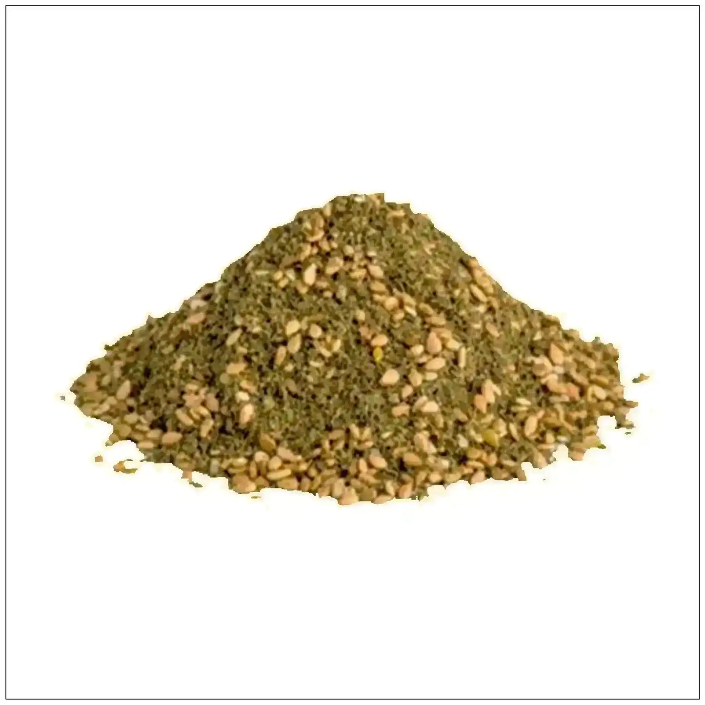 Pile of zaatar Middle Eastern spice blend with sesame seeds on a white background