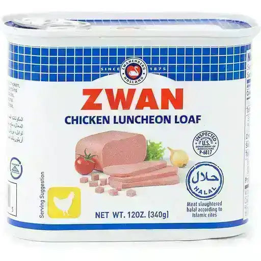 Zwan Halal chicken luncheon loaf can 340g with sliced meat, tomato, and halal certification labels