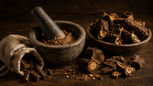 Coarse dried Indian costus root pieces in a rustic bowl with a stone mortar holding freshly ground powder and a linen pouch
