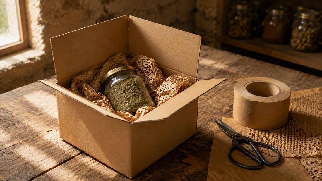 Partly packed kraft shipping box with a sealed jar of botanical powder, protective paper and paper tape on a wooden workbench in warm afternoon light