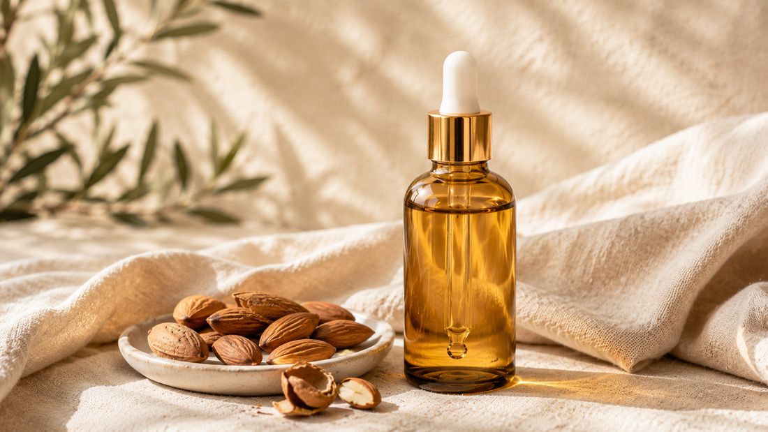 Sweet almond oil bottle with a dropper beside a dish of whole and cracked almonds on linen