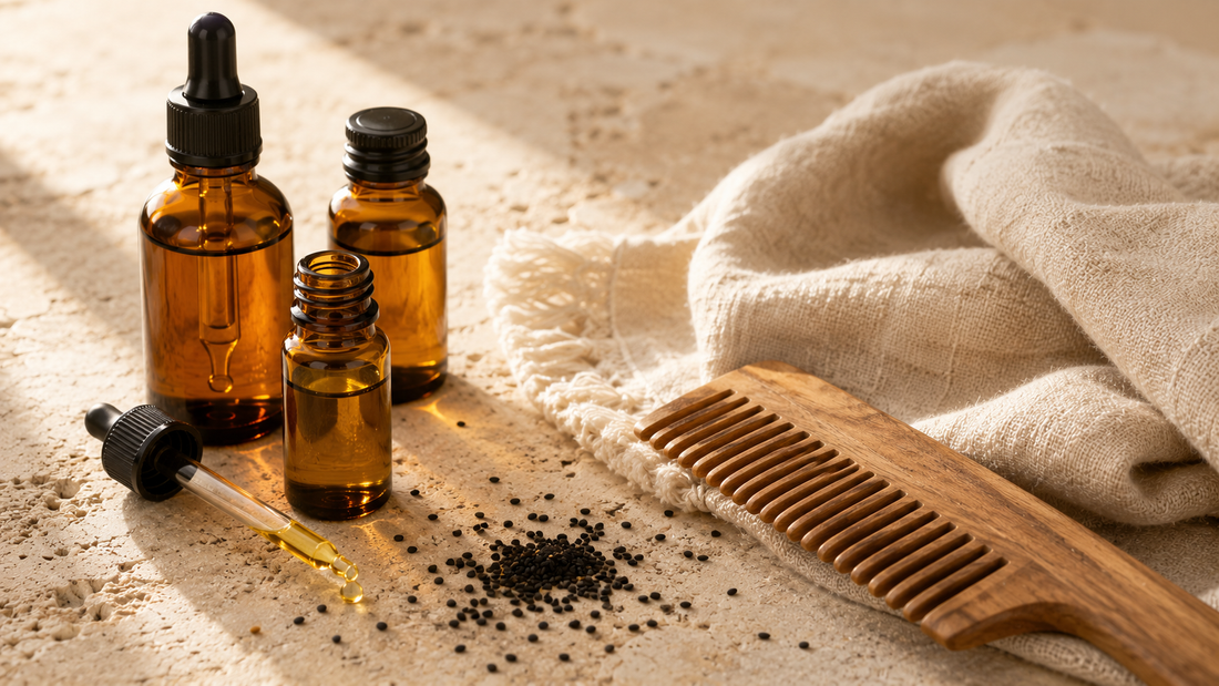 Three amber oil bottles with a dropper releasing a glistening drop, a wooden comb, folded linen and scattered black seeds
