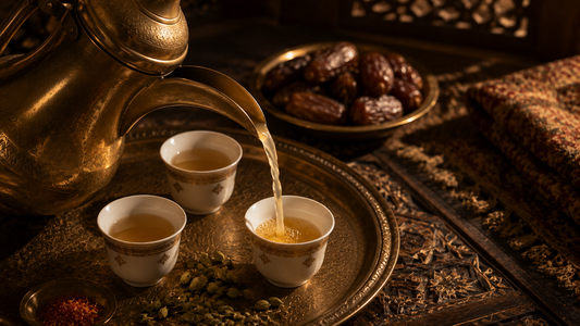 Brass dallah pouring pale golden Arabic coffee into a small finjan cup with cardamom pods, saffron threads and dates
