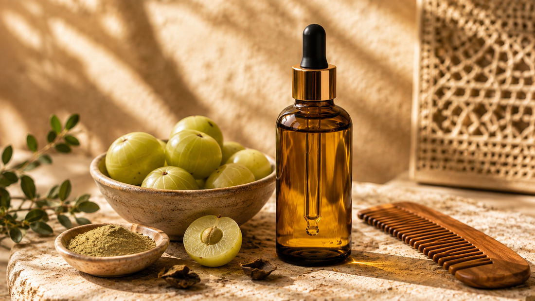 Amber Amla hair oil bottle with a dropper beside green amla fruit and amla powder