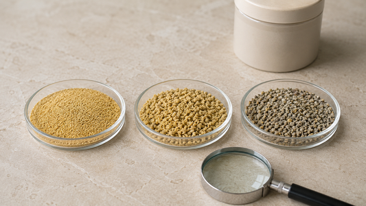 Three dishes comparing date palm pollen quality, from fine pale golden powder to dull clumped and coarse greyish powder, with a magnifying glass