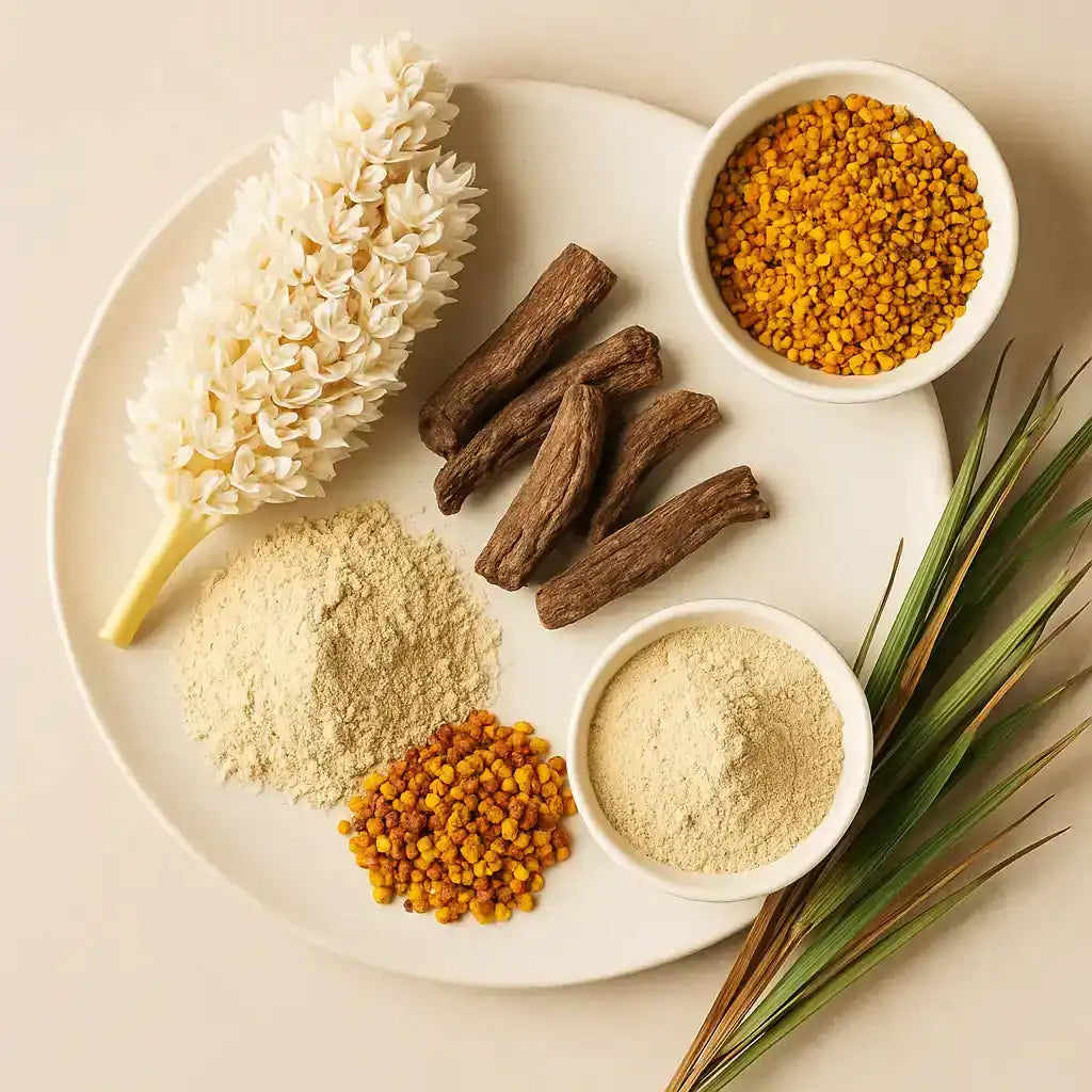 white plate with dried moringa flowers, roots, powder, pollen granules, and green leaves on beige background