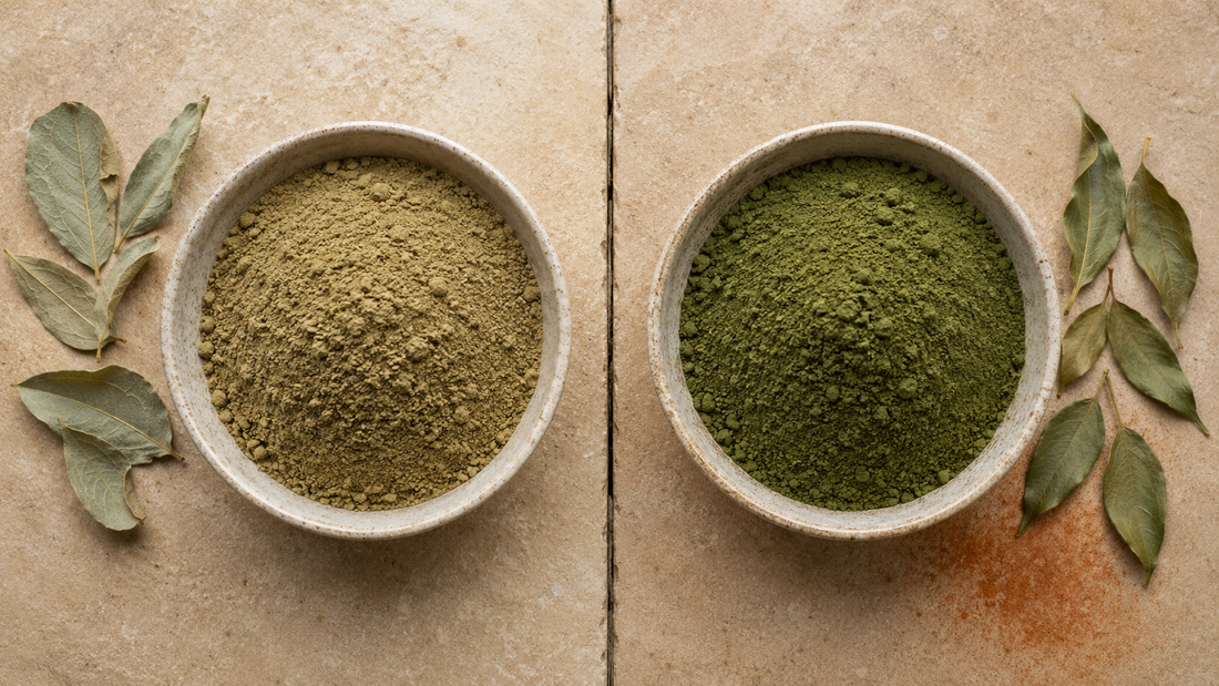 Side-by-side comparison of Sidr powder with Ziziphus leaves and henna powder with Lawsonia leaves and a reddish stain