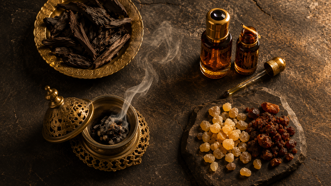 Arabian fragrance flat lay with oud wood chips, amber perfume oil bottles, a brass bakhoor burner with rising smoke, and frankincense and myrrh resins