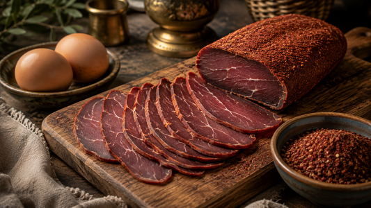 Thin slices of bastirma with its red çemen spice crust arranged on a wooden board.