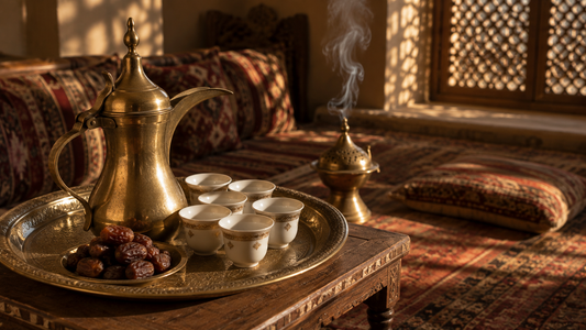 Brass dallah coffee pot with small finjan cups on a decorated tray beside dates, with an incense burner in a warmly lit majlis