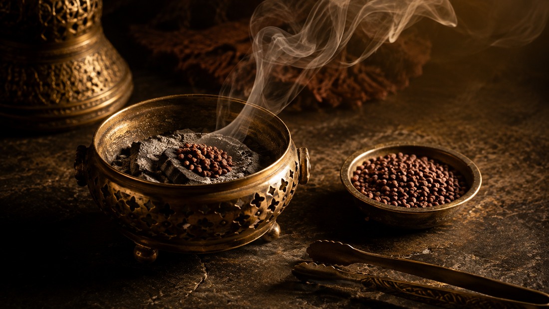 Brass burner with a pinch of dark harmala seeds smouldering and fine smoke rising, with a bowl of whole seeds and metal tongs