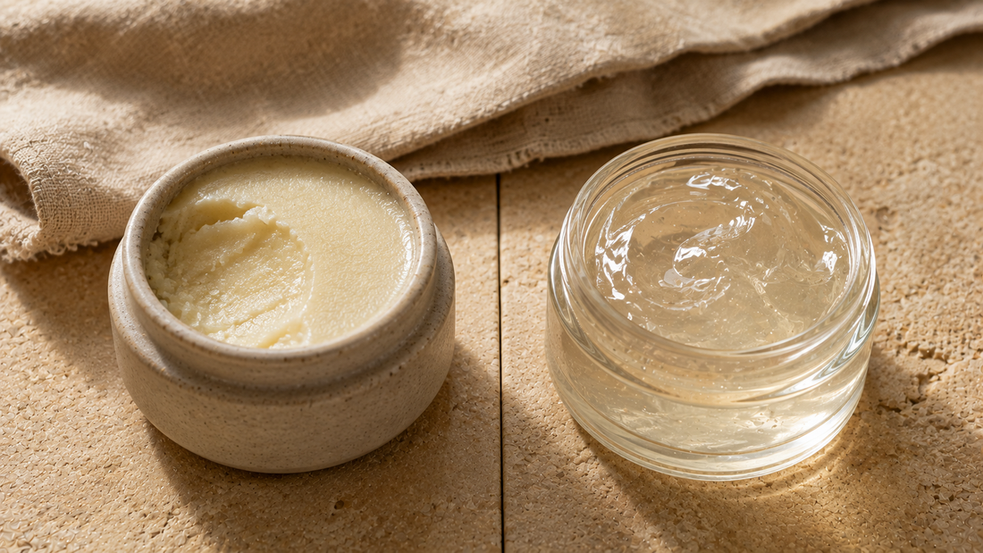 Open jar of thick pale cream balm beside an open jar of light translucent gel on warm stone, showing the contrast between dense matte and glossy fluid textures