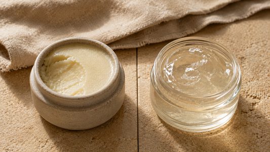 Open jar of thick pale cream balm beside an open jar of light translucent gel on warm stone, showing the contrast between dense matte and glossy fluid textures