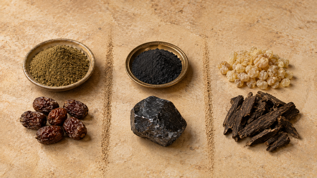 Three pairs of Middle Eastern botanicals shown side by side: leaf powder with dried berries, black mineral powder with raw stone, and resin tears with scented wood chips