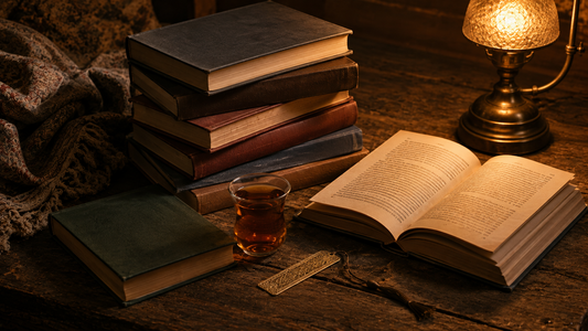 Stack of hardback books with plain spines and one lying open beside a glass of tea and a brass bookmark on aged wood
