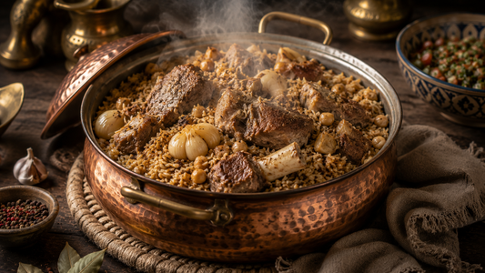 Palestinian qidra — spiced rice with meat, whole garlic, and chickpeas served from a copper pot.