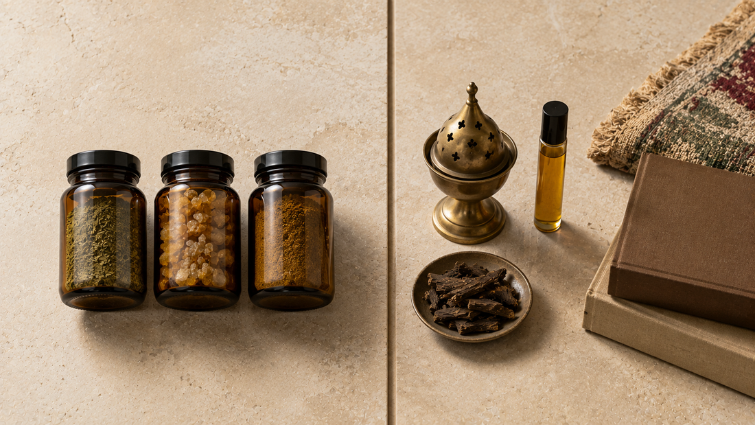 Split arrangement showing three matching amber jars of botanicals on one side and a varied group of a brass burner, oil bottle, textile and books on the other
