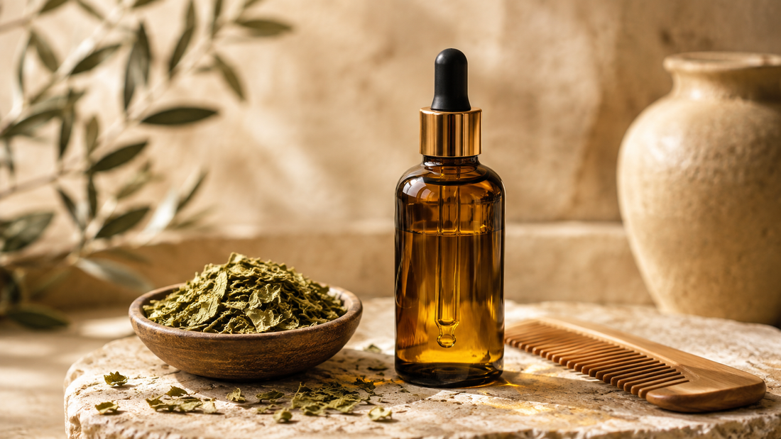 Amber Sidr hair oil bottle with a dropper beside dried Sidr lote-tree leaves and a wooden comb