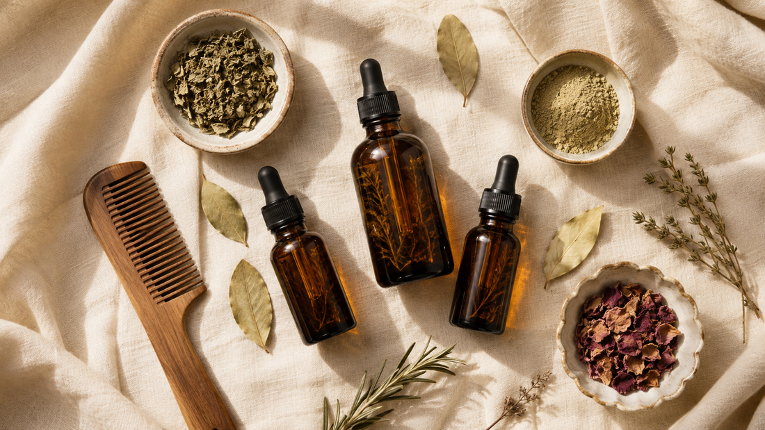Amber botanical hair oil bottles with droppers, a wooden comb and herbal powders on cream linen