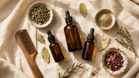 Amber botanical hair oil bottles with droppers, a wooden comb and herbal powders on cream linen