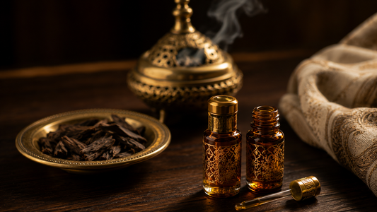 Layered Arabic fragrance ritual with perfume oil bottles in front, oud chips, a brass bakhoor burner with light smoke and draped silk