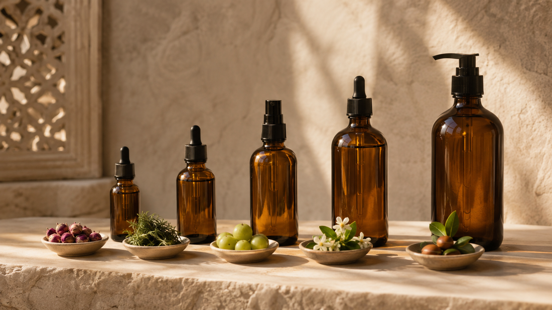 A row of amber botanical hair oil bottles arranged by weight beside small dishes of their botanicals