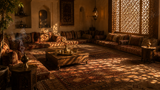 Majlis room with perimeter cushion seating, layered patterned rugs, a low carved table with brass tray and mashrabiya light patterns