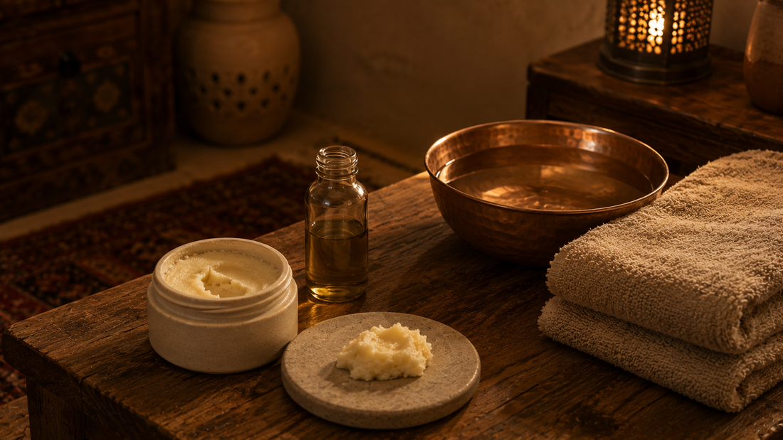 Open jar of balm with a scoop on a stone dish beside folded towels, a copper water bowl and a small oil bottle on a low wooden table in warm evening lamplight