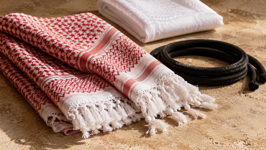 Folded red and white Jordanian shemagh showing its woven geometric pattern and knotted fringe with a black agal cord