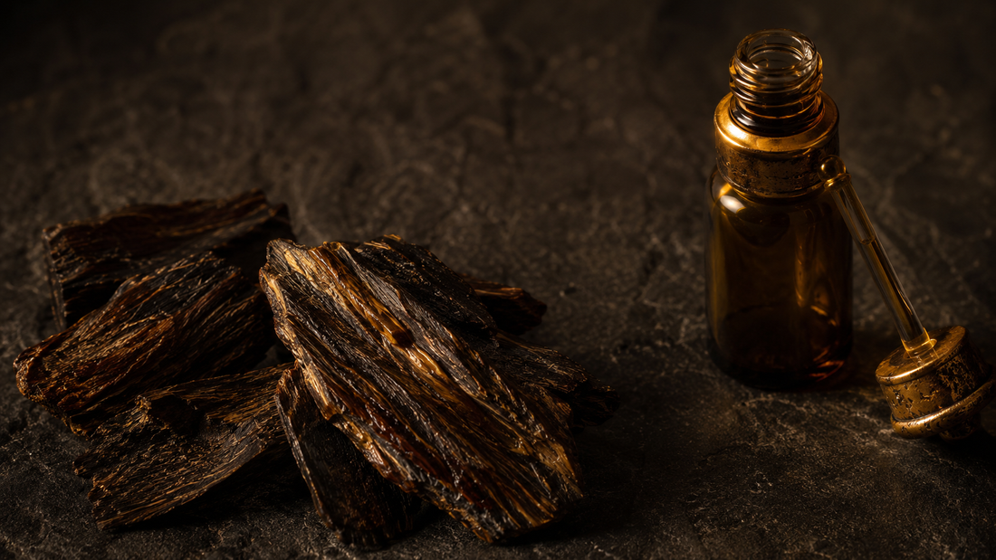 Dark resinous agarwood oud chips with visible resin veining beside an amber glass oud perfume oil bottle with a glass applicator