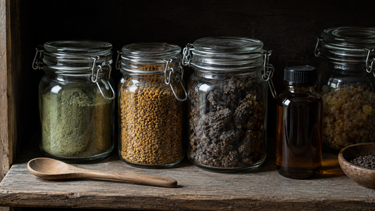 Row of sealed glass jars holding herbal powder, golden pollen, dark resin and an amber oil bottle on a wooden pantry shelf