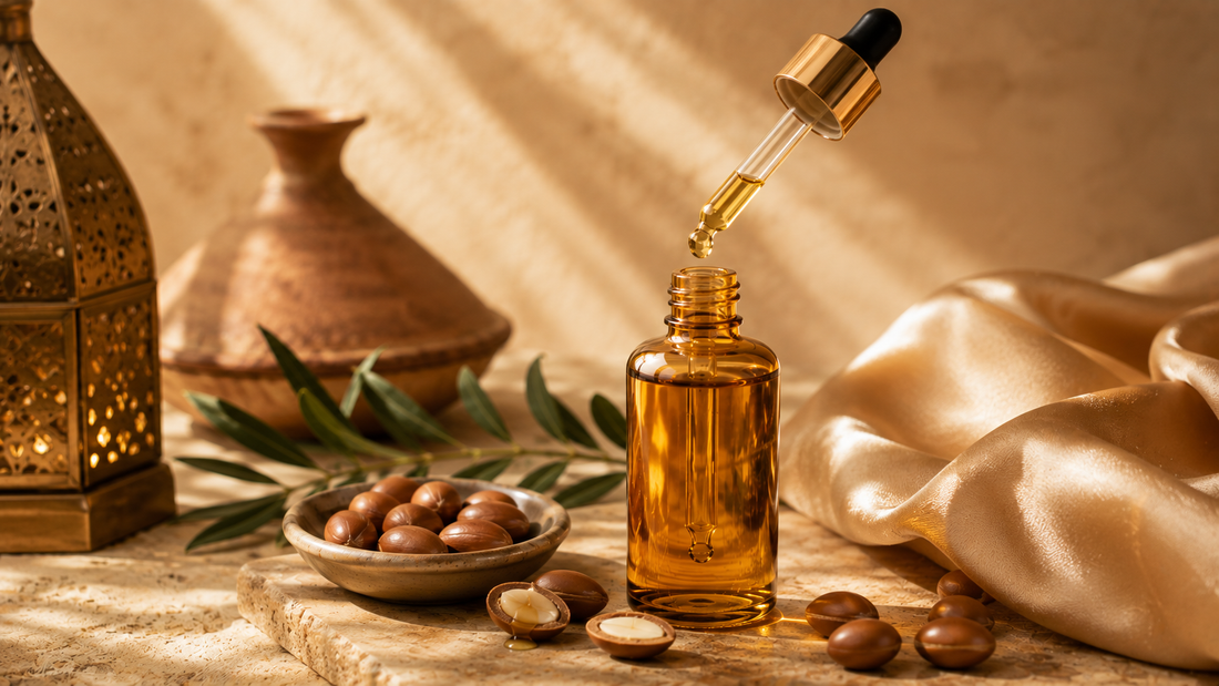 Amber argan oil bottle with a dropper releasing a drop beside argan nuts on warm stone