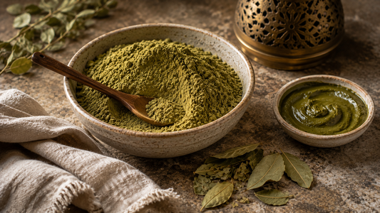 Pure green henna powder in a bowl with a wooden spoon and dried henna leaves.