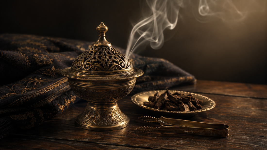 Ornate brass bakhoor burner with a thin ribbon of smoke rising, scented oud wood chips on a brass dish and metal tongs on dark wood