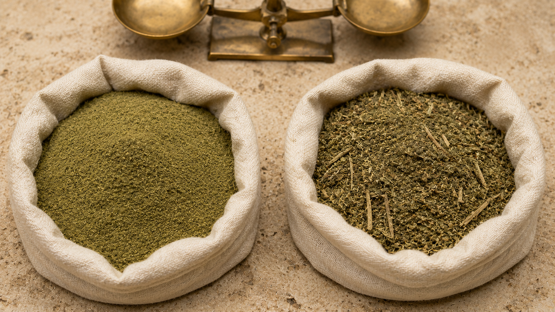 Two pouches of the same botanical powder compared: one fine and vivid green-brown, the other dull and coarse with visible stem fragments