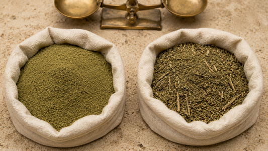 Two pouches of the same botanical powder compared: one fine and vivid green-brown, the other dull and coarse with visible stem fragments