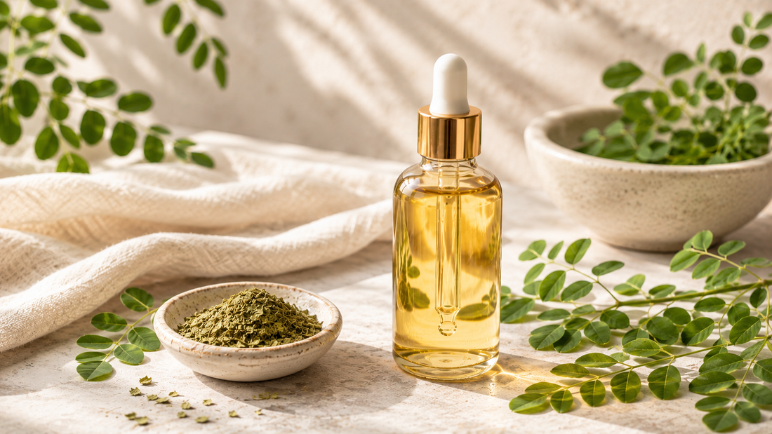 Light moringa oil bottle with a dropper beside fresh green moringa leaves on a pale surface
