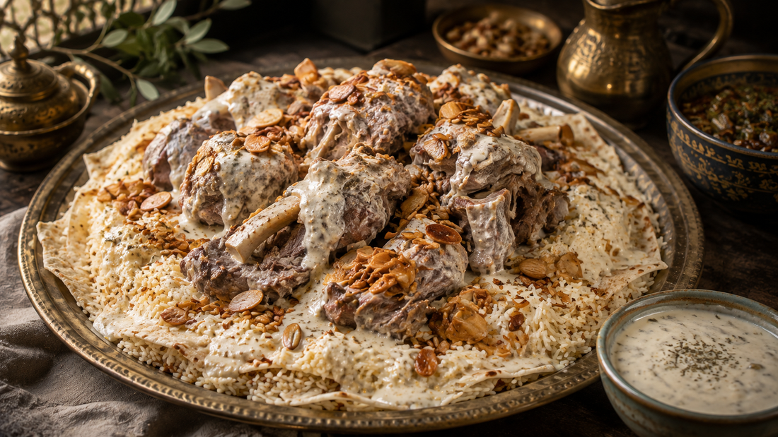 Jordanian mansaf — lamb over rice and flatbread with jameed yogurt sauce and toasted nuts.
